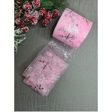 Фатин 5,5 см  "Снежинки" (розовый/серебро) 