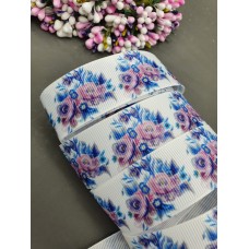 Лента репсовая 25 мм "Синие цветы" 